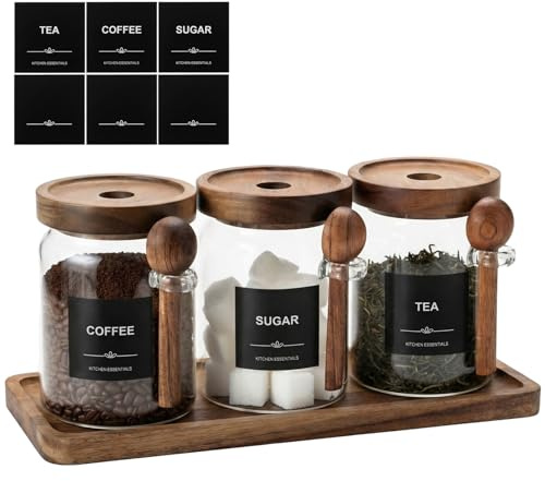 Skleptix Glass Tea Coffee Sugar Canisters Set, 600ml/21oz Airtight Glass Storage Jars with Lids, Scoops, Labels & Tray, Kitchen Countertop Storage Containers