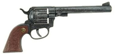J.G.Schrödel Buntline: Spielzeugpistole für Zündplättchen, Robuste Qualität aus Zink und Kunststoff, in Box, für 12-Schuss-Munition, 26 cm, grau/ silber (205 8078)