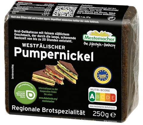 Mestemacher Westfälischer Pumpernickel vegan, 6 Scheiben, Nutri Score A, 60% Roggenvollkornschrot, vollmundiges Aroma, regionale Brot Spezialität, Diabetiker geeignet, 250g