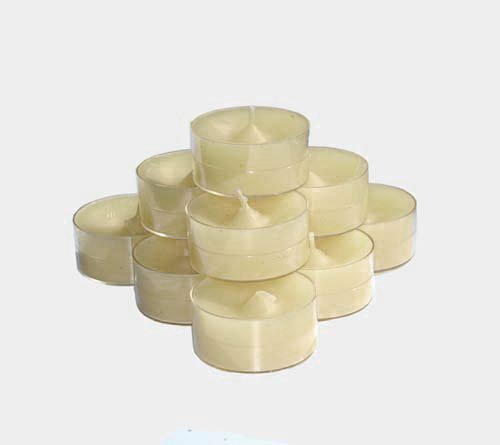 20 dänische Teelichter im transparenten Becher, durchgefärbt elfenbein RAL