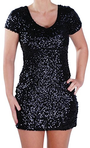 Eyecatch - Ladies Sequin Cap Sleeve Clubbing, Bodycon Party Mini Sparkle Womens Short Dress S Black