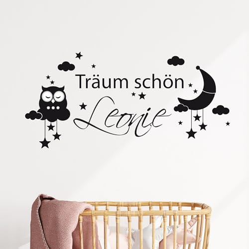 GRAZDesign Wandtattoo Kinderzimmer Sprüche Träum schön Name Eule | Wandsticker Babyzimmer | Wandaufkleber Mond Wolken | personalisiertes Geschenk Baby Deko - 104x50cm / 053 hellblau