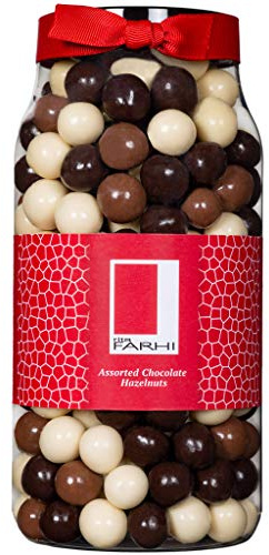 Rita Farhi Milk, Dark and White Chocolate Covered Hazelnuts in a Gift Jar - Nut Gifts, Assorted Coated Hazelnuts, Food Gifts – 700 g - New Palm Oil Free Recipe