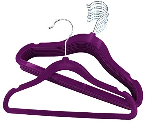 The Hanger Store 100 Purple Velvet Kids Coat Hangers for Clothes, Non-Slip | Kids Velvet Space Saving Hanger with Trouser Bar, Non-Slip Velvet Coating and a 360 Degrees Chrome Swivel Hook