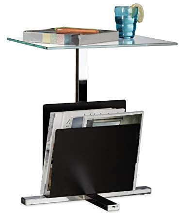 Relaxdays Beistelltisch mit Zeitungsständer, Metall, Glas Couchtisch, Zeitungsablage, HxBxT: 53 x 46 x 36 cm, schwarz