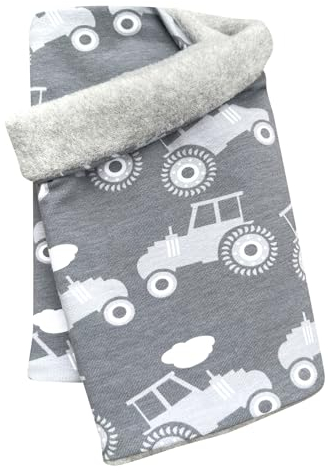 Wollhuhn Öko Mädchen/Jungen/Kinder Warmer Schlupfschal/Halstuch Innen Fleece Gefüttert Viele Motive Winter Übergangszeiten (aus Öko-Stoffen) 20220523 (Traktor Grautöne)