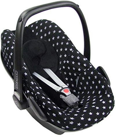 Frottee Sommerbezug [Schonbezug für Babyschale] Autositz kompatibel mit Maxi Cosi Pebble und Pebble Plus + GRATIS Kopfpolster (schwarz hellgraue Sterne)