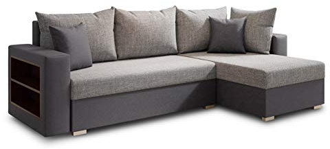 Ecksofa Lord mit Regal und Schlaffunktion - Sofa mit Bettkasten, Schlafsofa, Polsterecke, Couch L-Form, Couchgarnitur, Sofagarnitur (Grau + Grau (Dolaro 04 + Berlin 01), Ecksofa Rechts)