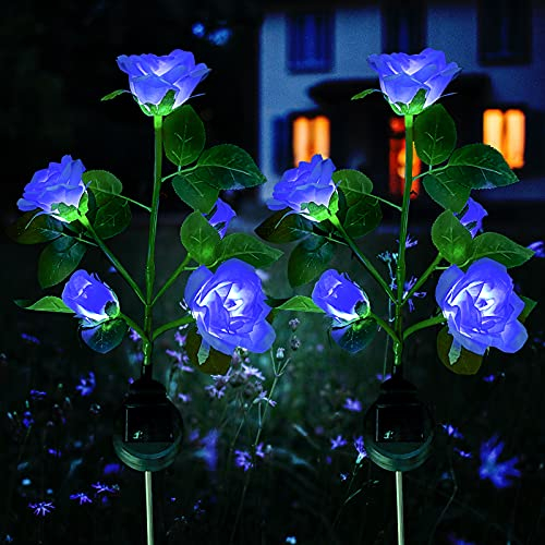 XVZ Solar Gartenstecker für Außen, 2 Stück LED Rose Lampen mit Größerer Blume und Breiterem Wasserdichten Panel, Blumen für Rasen, Terrasse, Weg, Balkon Deko - Blau