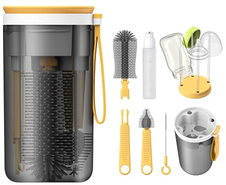 YOTIME Travel Baby Bottle Brush Set with Portable Silicone Bottle Brush, Nipple Cleaner Brush, Straw Brush, Soap Dispenser and Bottle Drying Rack, Yellow