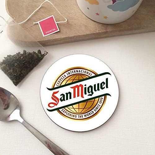 Round Circle Wood Gift Coaster Coffee Tea Office Kitchen Novelty Cup Work Mug - San Miguel Beer Lager Drink Bar Pub Shed inspired