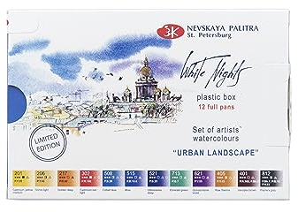White Nights russische Künstler-Aquarellfarben im Set, 12 Farben in ganzen Näpfchen im Kunststoffkasten, hohe Brillanz und Leuchtkraft, one Size