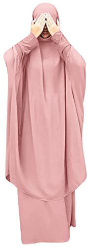 Frauen Jilbab Kleid Muslim Langarm Maxi Gebetsrobe Einfarbig Lose Vollständige Bedeckung Khimar mit Rock für 2-TLG Outfit für Außenbereich Rosa One Size