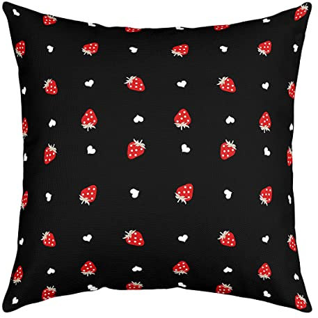 Erdbeer Dekor Kissenbezug 55 x 55 cm für Zuhause Bett Sofa Couch Büro Kawaii Überwurf Kissenbezug Roter Erdbeer Kissenbezug Niedliches Obst Thema Süße Erdbeere Dekorativer Kissenbezug Schwarz Rot