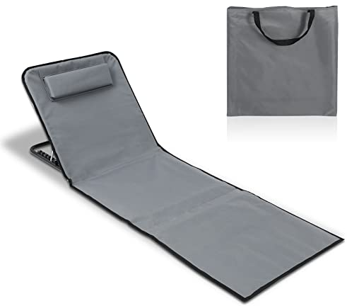 Izrielar Strandmatte, Strandliege Klappbar Beachmatte, 5-stufig Verstellbar Rückenlehne, mit Kopfkissen und Staufach, Tragbar Sonnenliege Strand, Faltbar Beachmatte Liegestuhl für Camping, Grau