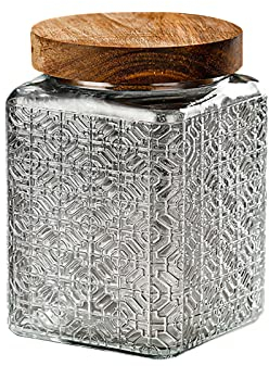KEEMEN Bocaux de Stockage en Verre Bocaux de Stockage Vintage en Verre avec Couvercle en Bois Hermétique Bocaux à épices de Cuisine pour Bonbons, Biscuits, Grains de Café,(Grille de fenêtre carrée)