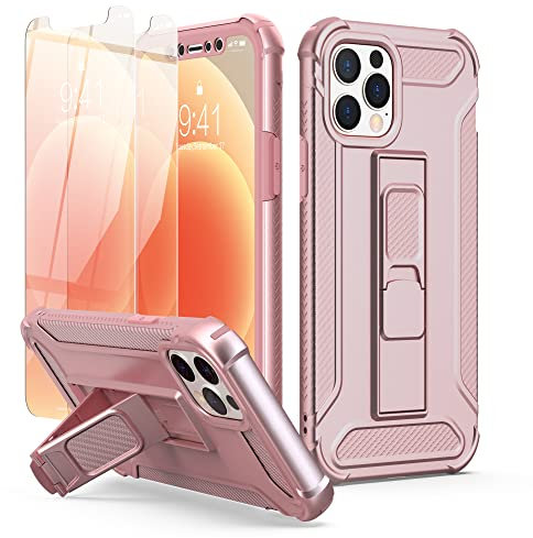 ORETECH für iPhone 12 Pro Max Hülle, mit [2 Stück Schutzfolie][Ständer], Handyhülle iPhone 12 Pro Max, Stoßfest Kratzfest Schutzhülle 360 Grad Ganzkörperschutz Hülle iPhone 12 Pro Max 6,7 Roségold