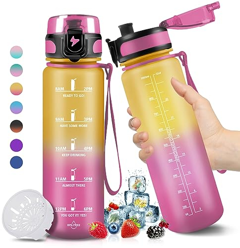 HoneyHolly Bouteille d'eau, Gourde 1L, Gourde Sport, Gourde Motivation avec Filtre et Marqueur de Temps, sans BPA, Étanche & Réutilisable, Gourde Ouvrir en un Clic pour Camping Voyage Gym Randonnée