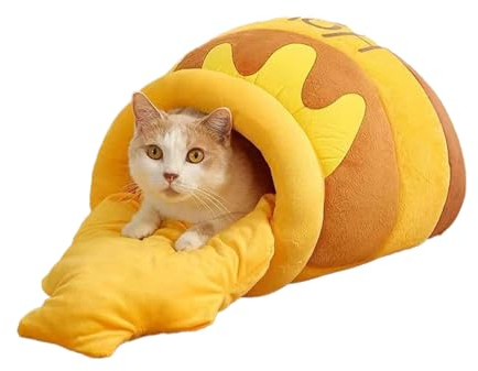 Cat Houses for Indoor Cats, 14.6x9.84x8.26 in Soft Velvet Cat Bed Removable and Washable Honey Cat Bed, Cartoon Honey Pot Shape Cat Beds for Indoor Cats Dogs Below 9lbs