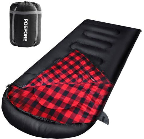 POEPORE Schlafsack Outdoor für Erwachsene 3-4 Jahreszeiten Flanell Schlafsäcke Deckenschlafsack Warmer mit Reißverschluss für Arme und Füße beim Camping Wandern Angeln 230x90CM Rot