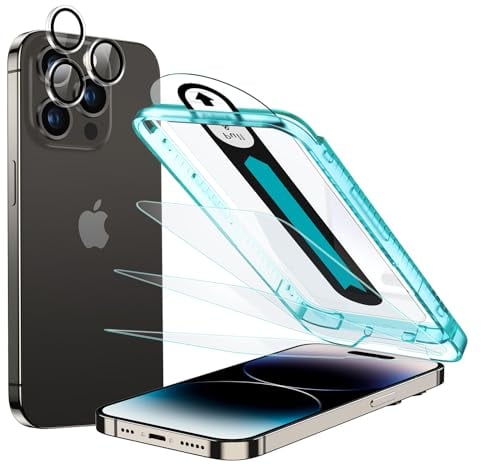 ESR for iPhone 14 Pro Screen Protector Set, 3 Tempered-Glass Screen Protectors and 1 Set of Camera Lens Protectors, Smooth Rounded Edges, Full-Coverage Military-Grade Protection, Scratch Resistant