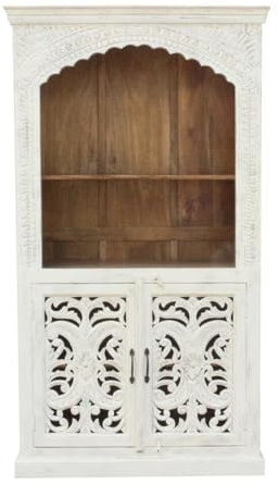 Schrank Laya Indischer Regalschrank aus Mangoholz mit Schnitzerei Regal Oriental Schlafzimmer Weiß Whitewash 180cm