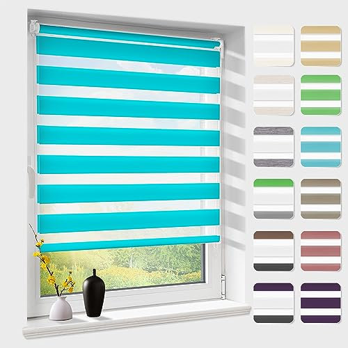 Doppelrollo klemmfix ohne Bohren, Duo Rollos für Fenster & Tür mit Bohren, Version 2025 Türkis B45 x H150cm (Stoffbreite 41cm), Fensterrollo lichtdurchlässig & verdunkelnd, Klemmrollo Sonnenschutz