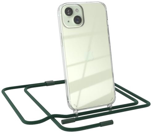 EAZY CASE - Handykette kompatibel mit iPhone 15 Plus - dünne Handyhülle für iPhone 15 Plus Hülle mit Band als Fallschutz Kette zum Umhängen transparente Hülle Silikon in Pinien Grün