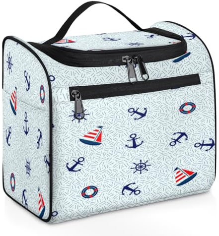 Rose Makeup Bag for Women Large Capacity Toiletry Bag Portable Travel Cosmetic Bag Waterproof Double Zippers Make up Bag with Hanging Hook for Skincare Traveling Organizer, Sailboat Anchor Lifebuoy,