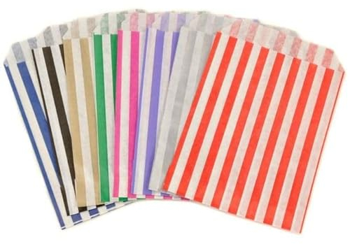 ezkart Pack of 50 - Assorted Striped Candy Paper Bags is perfect for Wedding Cake Gift Shops, Kids Parties, Popcorn, Sweet and Biscuit (Mixed, 50 Bags)