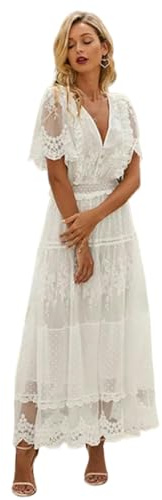 TEidea Vestito Donna Elegante Abito in Pizzo Serale in Pizzo A V: Abiti da Donna Lunghi Cavi con Maniche Corte E Dettagli Semi-Sheer