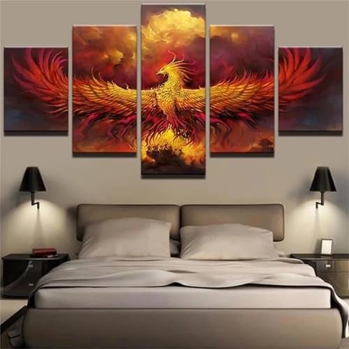 Diamond Painting 5 Teilig Groß XXL Feuer-Phönix Diamant Painting Bilder Basteln Erwachsene 100x50cm Diamond Art Painting, DIY Voll Diamant Malerei Stickerei Kreuzstich für Room Decor Wohnwand N-3552