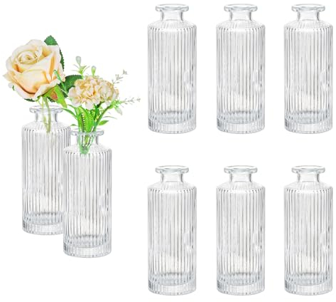 Hewory Kleine Vasen für Tischdeko: Hewory 8er Vintage Deko Vase Glas, Kleine Glasvase Vasen Klein Tischdeko Gerippt Vase für Eine Rose, Blumenvasen Glas für Hochzeit Wohnzimmer