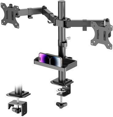 FORGING MOUNT - Supporto doppio per monitor con ripiano portaoggetti per 2 monitor da 13-27, altezza regolabile, girevole, inclinabile, rotante, con VESA 75/100 mm