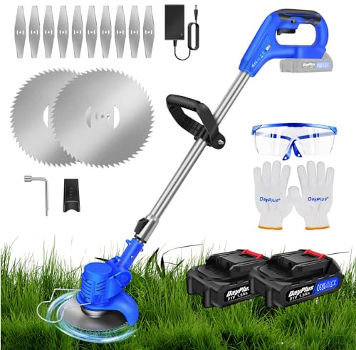 21V Cordless Strimmer, Garden Strimmer Cordless Lightweight Grass Trimmer with 10 x Metal Blades, 2 Battery, 10000 RPM and 750W Motor, Electric Garden Strimmer Grass Cutter for Lawn Edger Pruning Weed