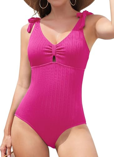 SHEKINI Costume intero da donna con scollo a V e controllo della pancia, con cravatta, regolabile, spallacci, Rosa fluorescente, L