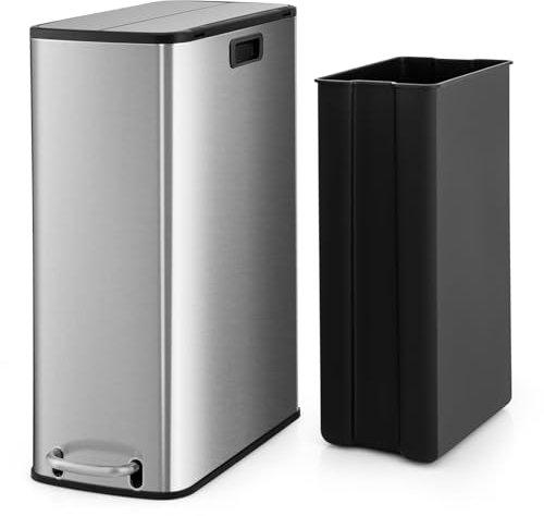 GIANTEX Poubelle Cuisine 45 L, Poubelle à Pédale en Acier Inoxydable Double Couvercle Bien Scellé, Vérin Amortisseur & Fermeture Douce, Poubelle avec Seau Amovible, Cuisine, Bureau, Argent