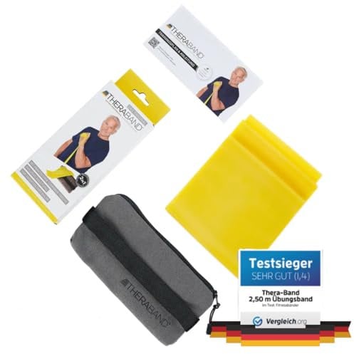 TheraBand 2,50m inkl. Türanker + Tasche gelb | Widerstand 1,3kg | Terrabänder | Gymnastikband | Fitnessband | Stretchband | Heimtraining, Krafttraining, Rückenübungen, Therapie, Reha | 100% Naturlatex