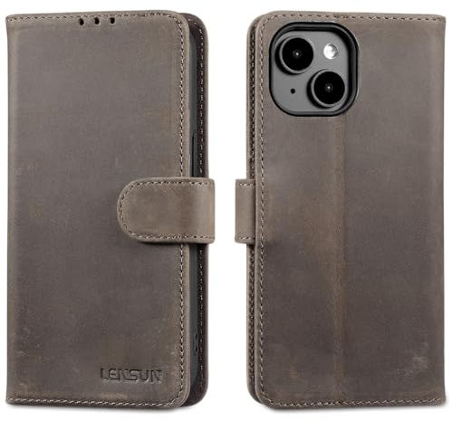 LENSUN Echtleder Hülle für iPhone 15 5G, Handyhülle Echt Leder [Standfunktion][RFID Schutz] Schutzhülle Handytasche Klappbar für iPhone 15(6,1) - Graubraun