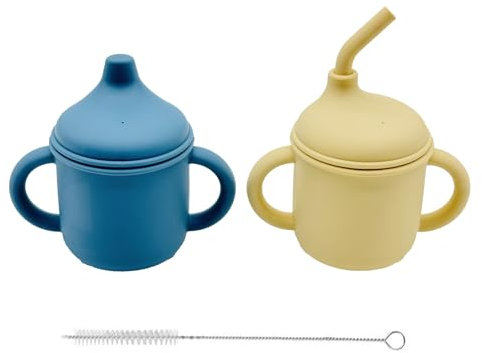 Bojiwavawd 2 Pack Silicone Sippy Cups for Toddlers with Straw & Handles - Non Spill Baby Water Bottle from 6 Months - Blue/Beige