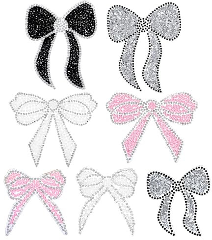 AOZUO 7 Stück Schleife Strasssteine Bügelbild,7 Farben Schleifenknoten Strass Aufnäher,Aufbügeln Strass Kristall Bling Glitzer Applikation Schmetterling Stoffaufnäher für Mädchen Damen Frauen