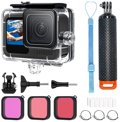 OKFUN Custodia impermeabile con 3 filtri per Go Pro Hero 13 Hero 12 Hero 11 Hero 10 Hero 9 nero, guscio protettivo subacqueo monopiede galleggiante impugnatura bastone action camera accessori