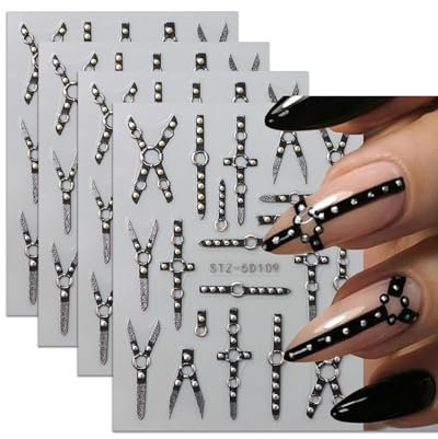 BPTRKOM 4 tück 5D Embossed Gothic Punk Nagelsticker, Nagel Sticker Selbstklebend Kreuz und X-Form Halloween Nagelaufkleber, DIY-Manikürezubehör für Frauen