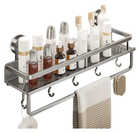 lesulety Duschablage Ohne Bohren Mit Saugnapf Duschregal Badablage Ohne Bohren Badezimmer Regal Duschgel Halterung Mit Handtuchhalter für Shampoo Conditioner,Grau,50CM