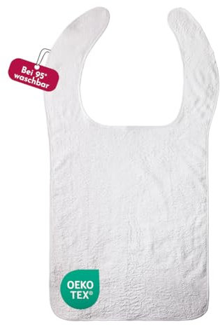 Clinotest Lätzchen für Erwachsene 2er Set – Weiches Frottee Lätzchen, Essensschutz & Kleiderschutz, unbeschichtet, Weiß, 100% Baumwolle, waschbar bis 95°C, komfortabler Sitz mit langen Bändern