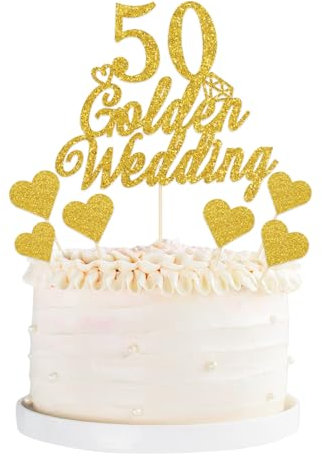 25Pcs 50th Wedding Anniversary Cake Toppers, Glitter Golden Wedding Cake Topper Heart Cupcake Decoration for 50th Golden Wedding Anniversary Decorations