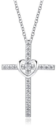 QUADRI 925 Sterling Silber Kreuz Kette Damen mit Zirkonen - Kette mit Kreuz und Herz 45 + 5 cm - Eleganter und schlichter Schmuck für Mutter Geschenk Mutter Freundin Schwester