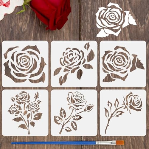 FINGERINSPIRE 6 Stück Rosen Malschablone Mit Pinsel 15x15cm Zeichenvorlage Für Eine Einzelne Rose Mehrere Rosen DIY Schablone Rosenblumen Dekorationsvorlage Zum Malen Auf Holz Wänden Stoffen Möbeln