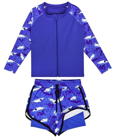 FLYISH DIRECT Baby pojkar baddräkt, pojkar långärmad badset, dragkedja baddräkter för småbarn pojkar, UPF 50+ skydd spädbarn badkläder utslagsskydd, Haj/Kort, 6-7 År