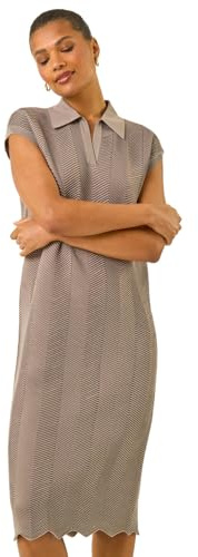 Roman Originals Textured Zig Zag Knit Midi Dress for Women UK - Ladies Everyday Autumn Winter V-Neckline Comfy Soft Evening Vacation Work Party Night Out - Taupe - Size 16